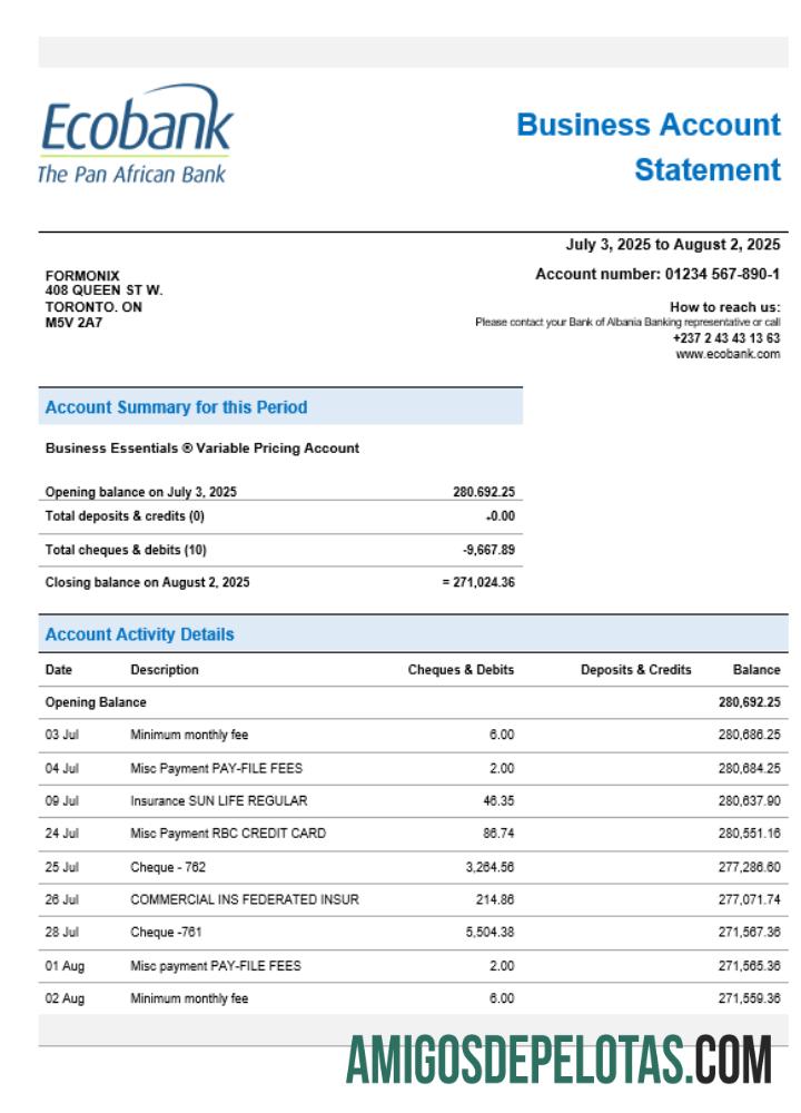 Extrato de conta corrente da organização Ecobank em formato Word e PDF